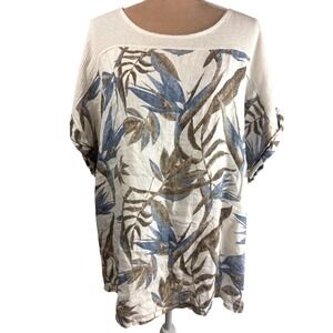 Lungo L'arno‎ Italy Linen Top Tropical Leaf Print Hawaiian Coastal Sz 2X